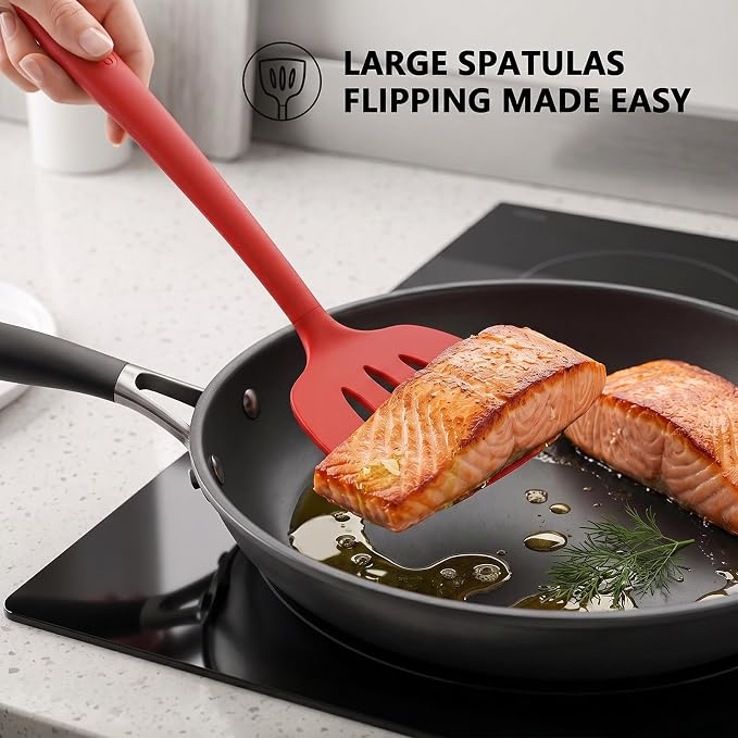 Coukre 3 Pack Silicone Spatula Set, High Heat Resistant, BPA-Free, Fish Spatula, Solid & Slotted Turner for Non-Stick Pans, Flipping Eggs, Pancakes, Fish, Burgers (3, PureRed)