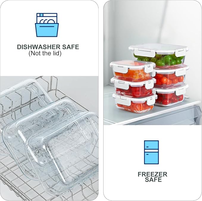 10 Pack Glass Food Storage Containers with Lids, White | Meal Prep Containers Set, Airtight Glass Lunch Boxes, BPA-Free, Freezer, Oven, and Microwave Safe