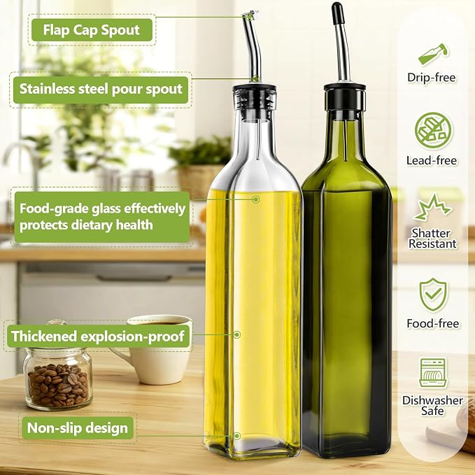 Leaflai Glass Olive Oil Dispenser Bottle Set of 2, 17oz/500ml Kitchen Oil and Vinegar Cruet with Airtight Stainless Steel Pourer Spout, Funnel & Brush, Cooking Essentials for Salad Dressing (Clear)