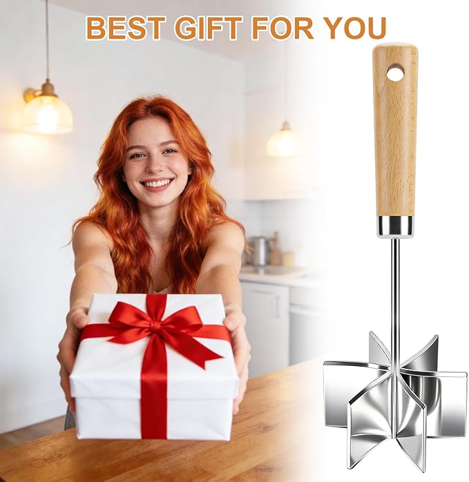 Stainless Steel Meat Chopper, 6 Curve Blades Beef Masher with Wooden Handle | 11 Inch Potato fruits Masher and tenderizes meat Hamburger Smasher, Mix and Chop Kitchen Tool for Taco Meat