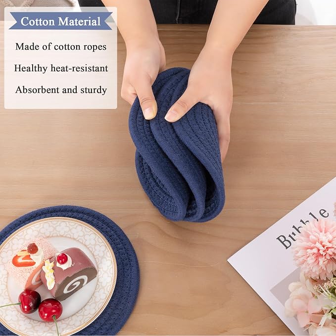 SHACOS 8 Inches Trivets for Hot Dishes, 4 Pieces Cotton Trivets Mats for Kitchen with Storage Basket, Hot Pads for Countertops and Table, Heat-Resistant Pot Holders for Hot Pots and Pans, Navy Blue