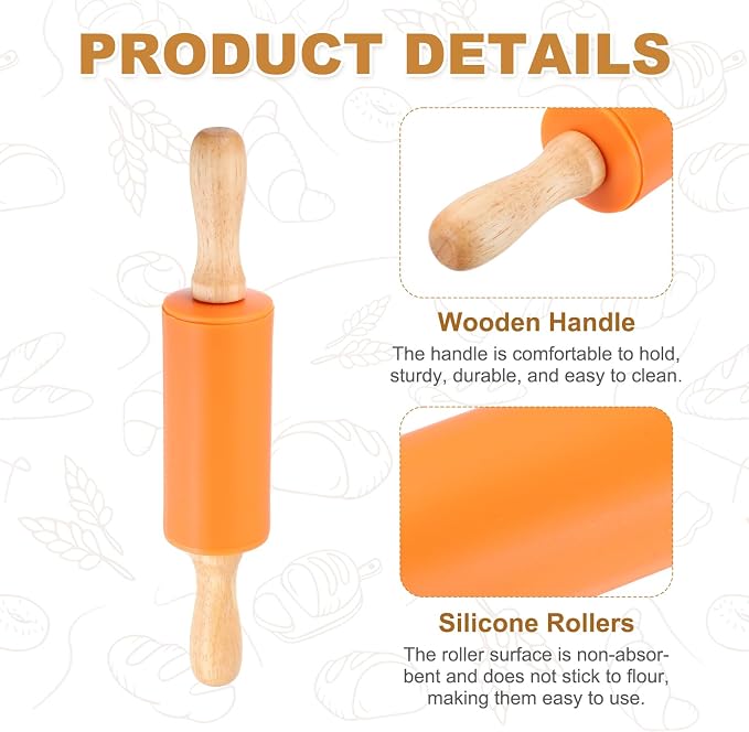 uxcell Rolling Pins for Baking, 9 Inch Silicone Non-Stick Rolling Pin Baking Roller Wooden Handle for Home Kitchen Dough Cookies Pastry, Orange