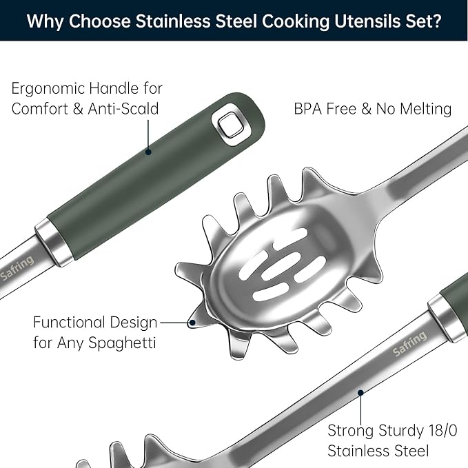 Safring Stainless Steel Soup Ladle and Spaghetti Spoon Set, Heat Resistant Rubber Handle, Dishwasher Safe, Kitchen Utensils for Cooking, Stirring, Serving Pasta, Soup & Sauce (Hunter Green)