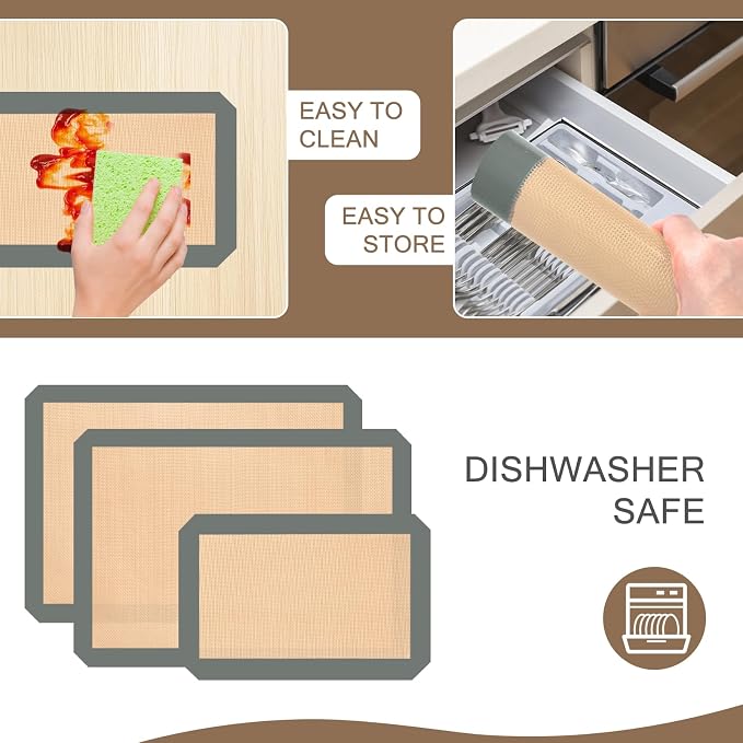 Silicone Baking Mat Set of 3, Non-Stick 2 Half & 1 Quarter Sheets | Dishwasher Safe, Reusable Baking Supplies for Cookies, Bread, Pastries & Dough, Gray