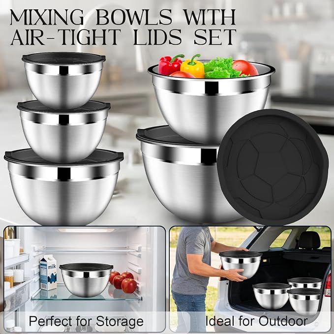 DUTZUN Stainless Steel Mixing Bowls with Airtight Lids Set of 5, Black | Kitchen Appliances Essential Gifts for Mixing, Baking, Prep, Salads, Serving, Cooking