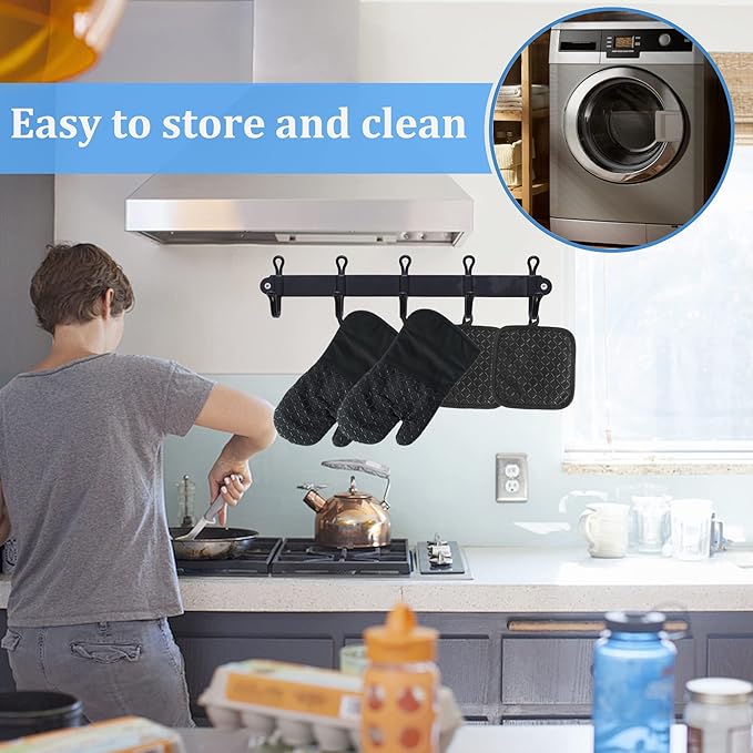 4 Pcs Oven Mitts and Pot Holders,Oven Glove High Heat Resistant 500 Degree,Long Oven Mitts with Recycled Cotton Infill and Silicone Non-Slip Surface for Baking,Kitchen,Cooking(Black)