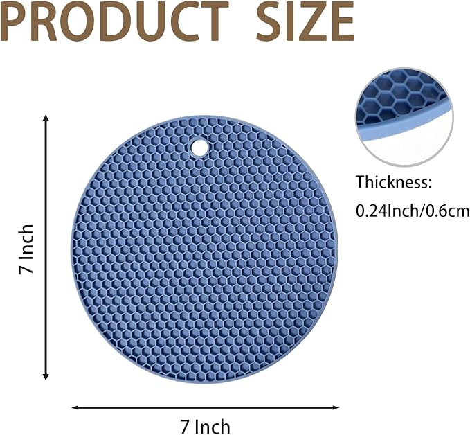 6-Pack Silicone Trivet Mats, Heat Resistant Hot Pads, Dishwasher Safe Kitchen Mats, BPA-Free Pot Holders for Table, Countertop, Stove, Honeycomb Design (Blue, 7“ Round)
