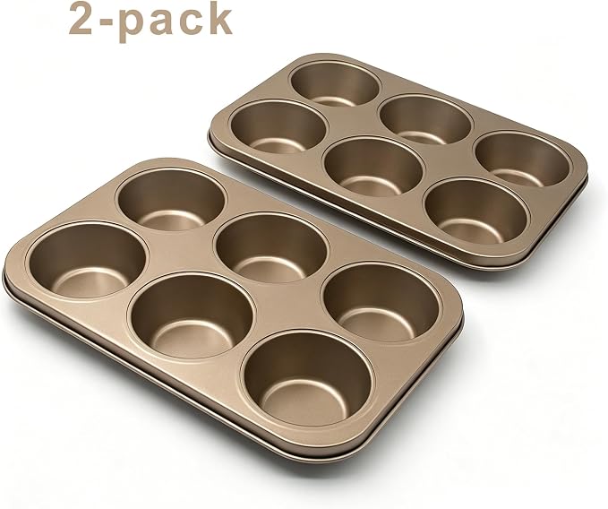 Non-Stick Gold Jumbo Muffin Pans, 6-Cup Set of 2 | Carbon Steel, Spatula Included for Extra-Large Muffins & Cupcakes