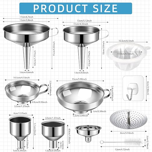 Baderke 17 pcs Stainless Steel Funnel Set Wide Mouth Canning Funnels Metal Mason Jar Funnel with Strainer Kitchen Funnels for Filling Mason Jars Mesh Filter Brushes and Adhesive Hooks, Silver