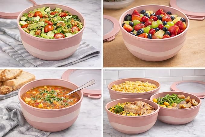 Pera Mixing Bowls with Lids, 8-Piece Airtight Leak-Proof Nesting BPA-Free Prep Bowl Set for Kitchen & Food Storage, Large 4200ml Capacity, Microwave & Dishwasher Safe(Pink)