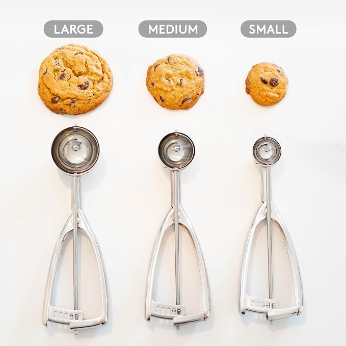 Jenaluca Small Cookie Scoop, 18/8 Stainless Steel, 2 Tsp, Size #100 | Disher for cookies, chocolate chip dough & melon balls. Squeeze-release handle. Right and left handed. Dishwasher safe.