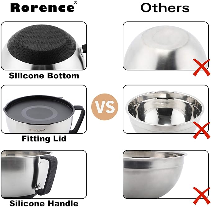 Rorence Stainless Steel Mixing Bowls Set: Metal Mixing Bowl with Lids and Handles Non-slip Silicone Bottom Nesting Bowls for Kitchen Set of 3