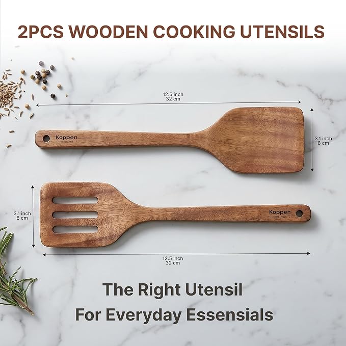 Dishwasher Safe Wooden Spatula Set, 2 Pcs Acacia Wood Solid & Slotted Turner for Nonstick Pans, Wok, Pancakes, Eggs, Fish, Long-Lasting, Water & Crack Resistant, Perfect for Flipping, Cooking, Frying