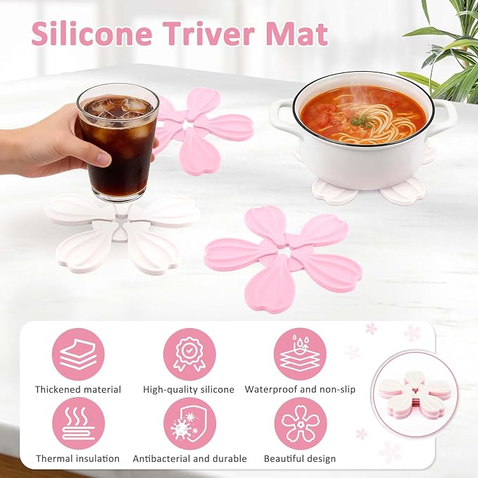 4-piece Silicone Trivet Mat - Non-Slip & Heat Resistant Kitchen Hot Pads for Table & Countertop, Multifunctional Mats can Hold Coffee, Plates, and Various Ornaments, Pink & White