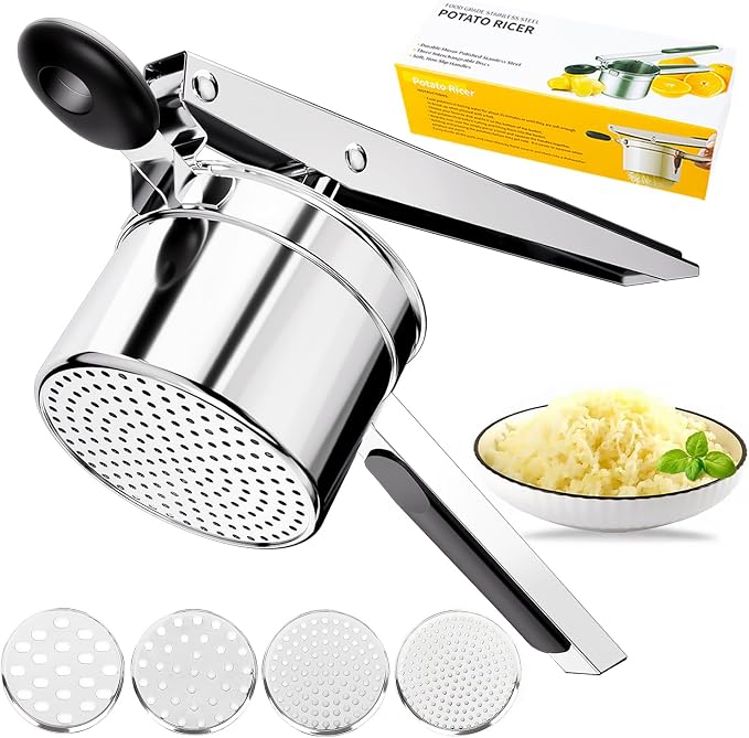 KAYCROWN Potato Ricer With 4 Discs, Heavy Duty Stainless Steel Potato Masher and Ricer for Mashed Potatoes Tool, Spaetzle Maker Lemon Squeezer