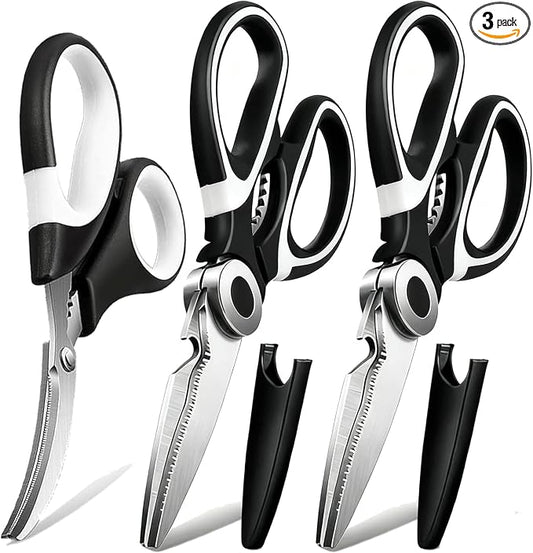 OMDAR 3 Pack Kitchen Scissors & Seafood Scissors Set, Sharp Kitchen Shears | All Purpose Stainless Steel Heavy Duty for Poultry Food Dishwasher Safe with Protective Sheath Comfort-Grip