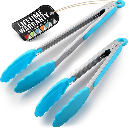 Zulay Stainless Steel Kitchen Tongs with Silicone Tips - Set of 2 (9” & 12”) Locking Cooking Tongs with Non-Slip Grip - Heat Resistant, BBQ Food Tongs for Non-Stick Cooking Pans (Silver/Light Blue)