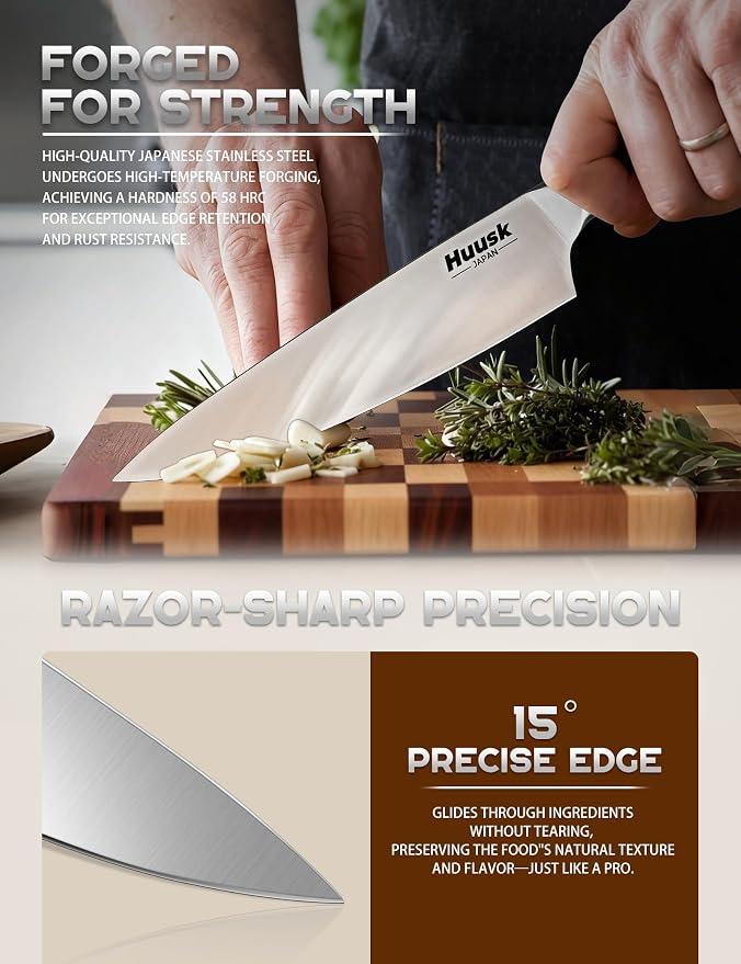 Huusk Knife Set with Block - 14 Pieces Japanese Stainless Steel Knives Blocks Set for Kitchen with Ergonomic Ivory White Handle Natural Wood Block Housewarming Gift for Women Men
