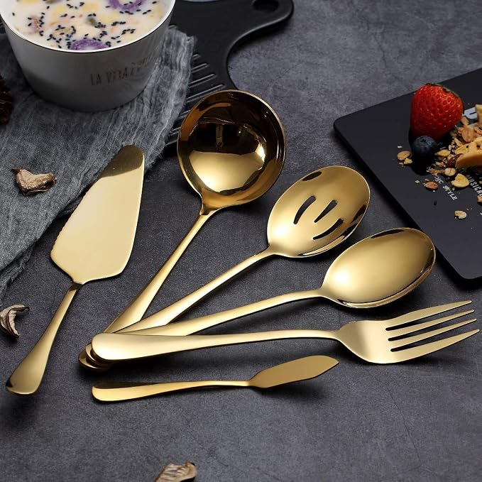 6-Piece Gold Serving Flatware Set - Stainless Steel Utensil Set, Includes Cake Server, Slotted Spoon, Serving Spoon, Meat Fork, Butter Knife, Soup Ladle
