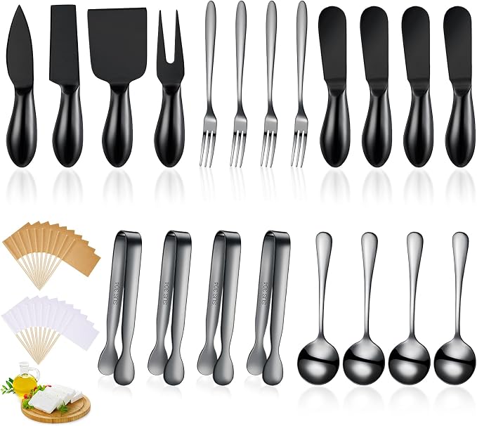 Patelai Charcuterie Board Accessories Cheese Spreader Knife Set Charcuterie Utensils Butter Knife Stainless Steel Mini Serving Tongs Spoons Appetizer Forks for Pastry(Black,20 Pieces)