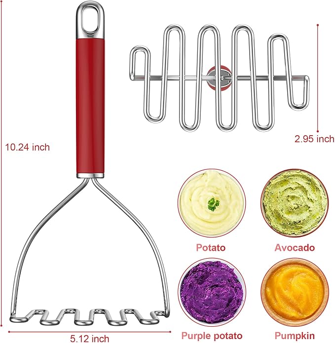 Potato Masher, Mashed Potato Masher Stainless Steel, Sturdy Masher Kitchen Tool for Potatoes, Avocado, Bean, Available for dishwasher - (Red)