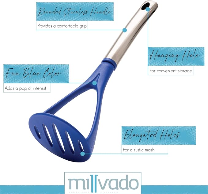 Millvado Potato Masher, Strong Stainless Steel Handle with Heavy Duty Plastic Base, 11.5 Inch Blue Mashed Potatos Masher, Hand Smasher for Vegtables