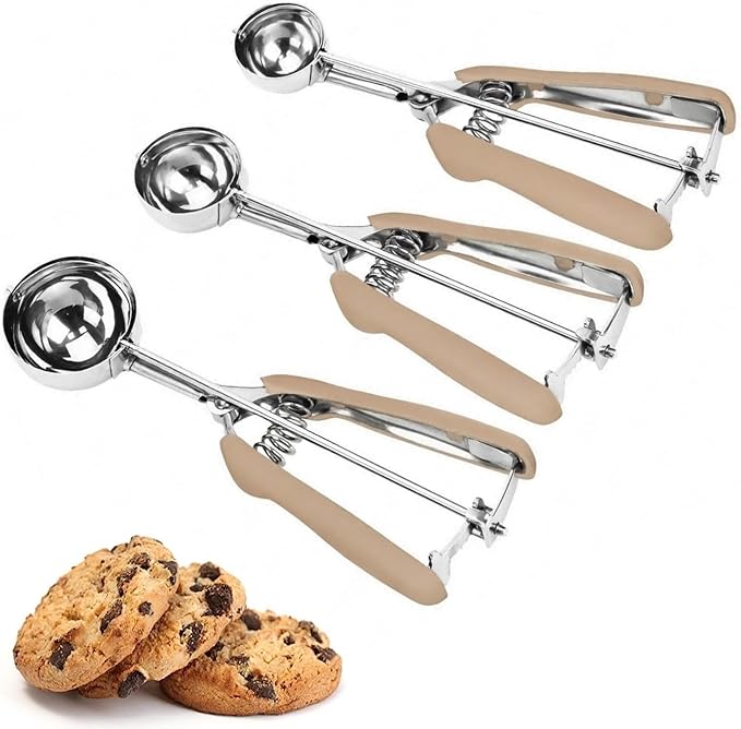 Cookie Scoop Set, 3Pcs Ice Cream Scoop, Cookie Scoops for Baking Set of 3, 18/8 Stainless Steel Cookie Scooper for Baking, Ice Cream Scooper with Trigger Release, Brown Soft Grip Cookie Dough Scoop
