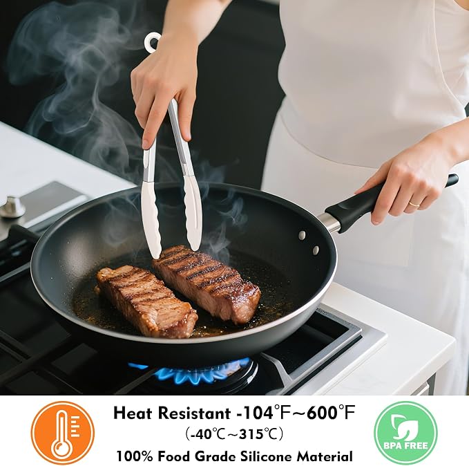 Hotec Silicone Kitchen Tongs for Cooking, 9-Inch, Set of 3, Khaki | Serving Tongs with Silicone Tips, Heat Resistance 600°F, Non-Slip Grip, Durable Spring Locking Mechanism