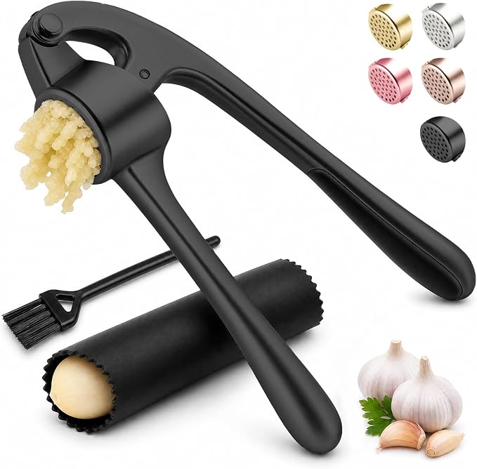 Kitchen Garlic Press, Rust Proof & Dishwasher Safe Garlic Mincer, Durable Garlic Crusher Set with Peeler＆Brush, Easy to Clean and Squeeze, Black