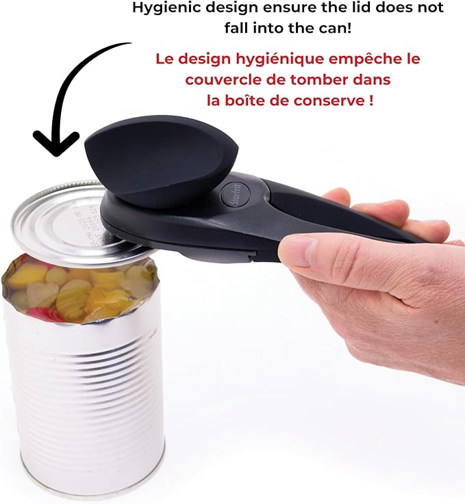 Starfrit MightiCan Can Opener, Safe Smooth-Cut Design, Holds Lid and Leaves No Sharp Edges, Comfort Grip Handle, Heavy-Duty Non-Slip Knob, 3-Year Warranty, Black