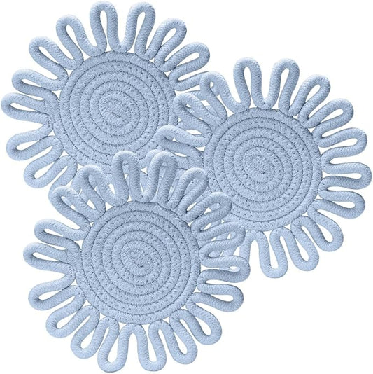 Kitchen Trivets for Hot Dishes Potholders for Countertop Hot Pads Hot Mats or Trivets for Hot Pots and Pans Home Essentials Boho Farmhouse Kitchen Decor Set of 3, 100% Cotton,7.5" (Dusty Blue)