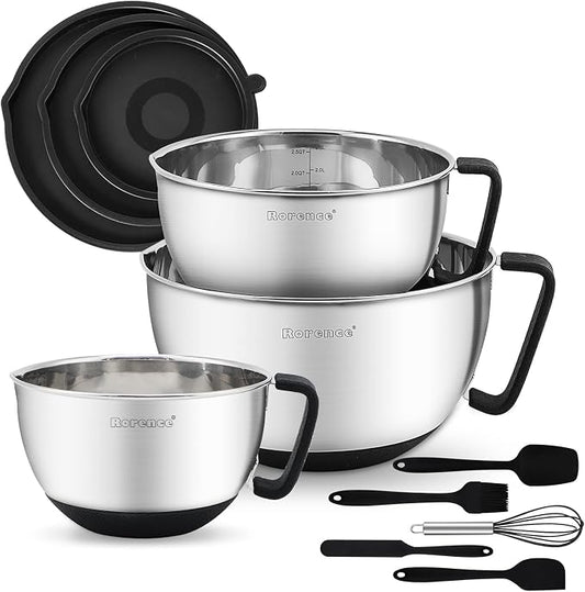 Rorence Stainless Steel Mixing Bowls: Metal Mixing Bowl Set with Lids and Handles Non-slip Silicone Bottom Nesting Bowls for Kitchen Set of 3 - Black