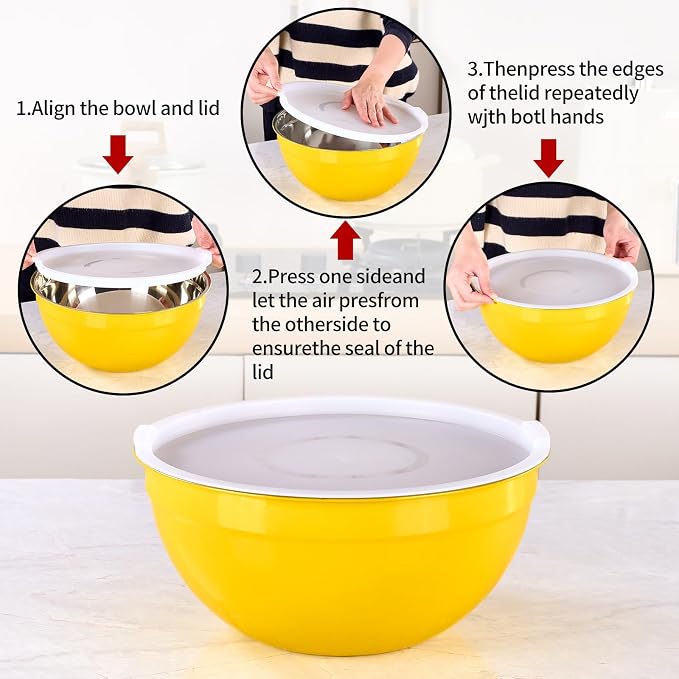 Yellow Mixing Bowls with Lids Set of 7, Stainless Steel Nesting Bowl with Khaki Lid for Non-slip Mixing Prepping Storing Serving, 7 Sizes-7/3.6/2.7/2.1/1.5/1/0.8 QT
