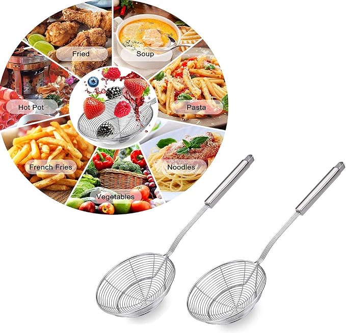 Spider Strainer Skimmer Ladle Spoon colander Stainless Steel Solid rust proof Skimmer Basket with Non Slip Long Handle for Kitchen Frying Food Noodle kitchen Cooking Tools