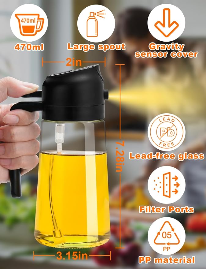 Oil Sprayer for Cooking Oil Oil Spray Bottle Kitchen 2 in 1 Glass Oil Atomiser 470 ml Oil Sprayer Oil Bottle Oil Dispenser for Grilling, Cooking, Salads, Baking, Healthy Food Kitchen Utensils