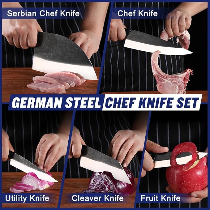 SSGP Butcher Knife Set of 5- Japanese Knife Set for Meat Cutting, Hand Forged Viking Knives Sets with Meat Cleaver, Heavy-Duty Kitchen Knives Sets for Bone BBQ Vegetable, Gifts for Men