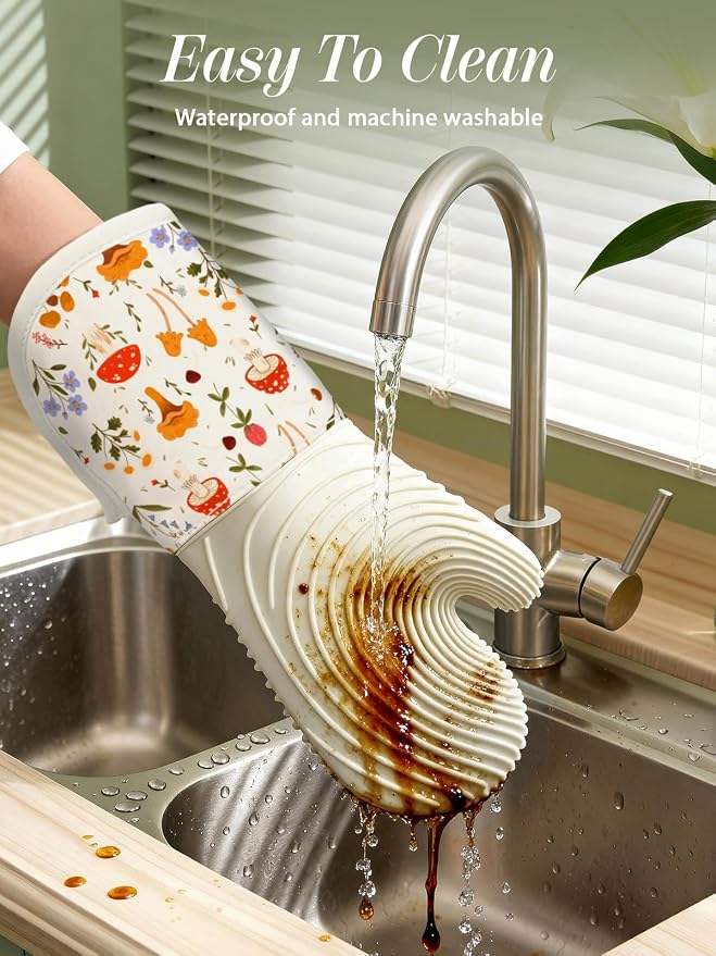 Slohif Long Silicone Oven Mitts Heat Resistant for Women - 2 Pcs Mushroom 100% Cotton Oven Gloves, Non-Slip and Waterproof Silicone Oven Mitts with Hanger for Baking and Cooking