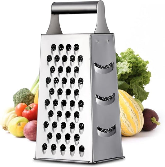 Handheld Cheese Grater Box for Kitchen, Stainless Steel 4 Sided Cheese Grater with Handle for Grinding Shredding & Slicing, Dishwasher Safe (Silver)