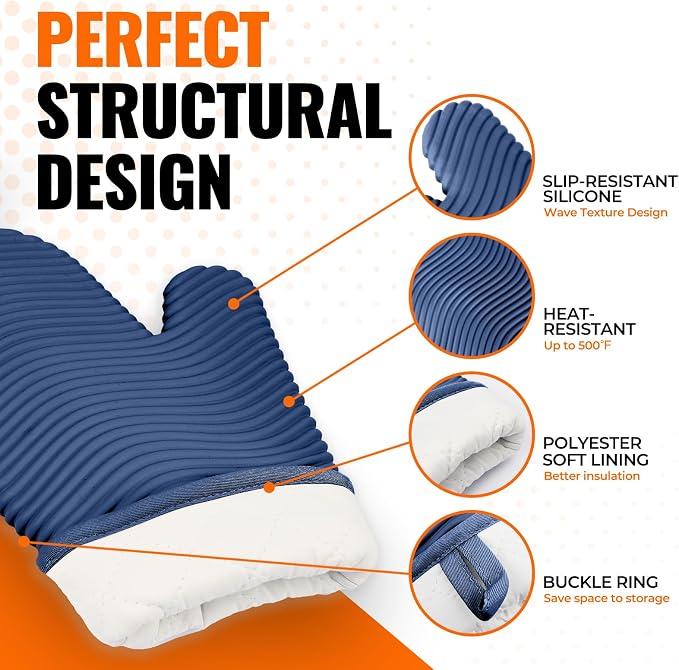 YUTAT Silicone Oven Mitts,Heat Resistant Oven Gloves with Soft Polyester Filling,Perfect for Baking and Cooking,Blue,2 Pcs Set