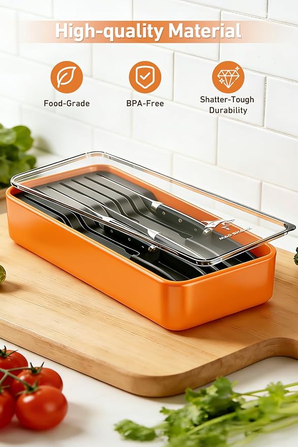 MAD SHARK 2-in-1 Detachable Knife Block & Silverware Organizer, Drawer Knife Holder for 7 Knives, BPA-Free, Blade-Safe Slots, Save Counter Space, Kitchen Drawer or Counter Storage, No Knives