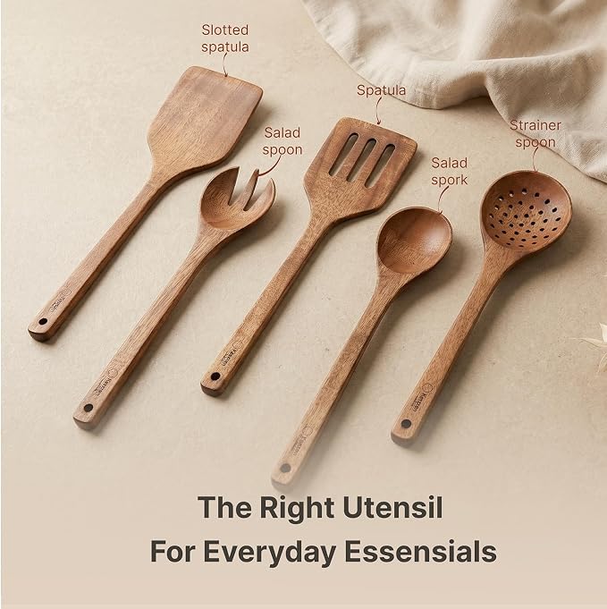Koppen Dishwasher Safe Wooden Kitchen Utensils Set, 5 Pcs Acacia Wood Spoon Utensils for Nonstick Cookware, Resist Water Absorption & Crack Resistant, Long-Lasting, Non-Toxic for Everyday Cooking