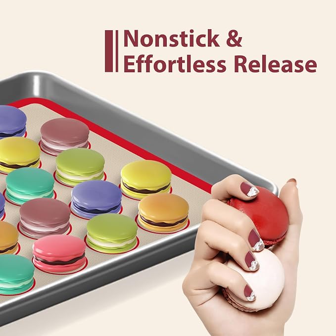Macaron Silicone Baking Mats, Nonstick & Reusable, 3 PCS | 2 Half Sheets and 1 Quarter Sheet Mat, Easy to Clean, Silicone Macaroon Mat for Cookie, Red