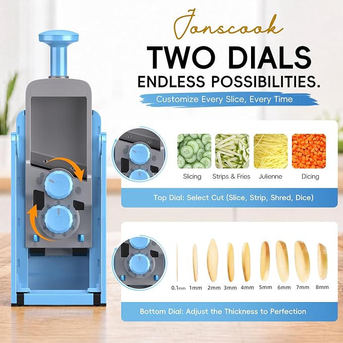 Jonscook All-in-1 Safe Mandoline Slicer for Kitchen, Vegetable Slicer with Container, Adjustable Veggie Mandoline, French Fry Cutter, Potato/Tomato/Onion Slicer, Grater/Cleaning Brush (Blue)