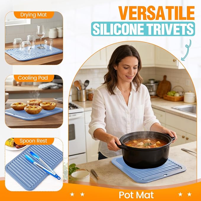 Silicone Trivets for Hot Pots and Pans - 2 Heat Resistant Pot Holders Silicone Trivet Mat Multipurpose Counter Pads (Nordic Blue)