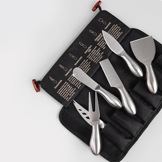 6-Piece Cheese Knife Set, Premium Stainless Steel Cheese Knives for Charcuterie Board for Cutting Hard Medium Soft Cheese, Mini Metal Cheese Cutter Knife Butter Knife with Storage Bag Gift Set