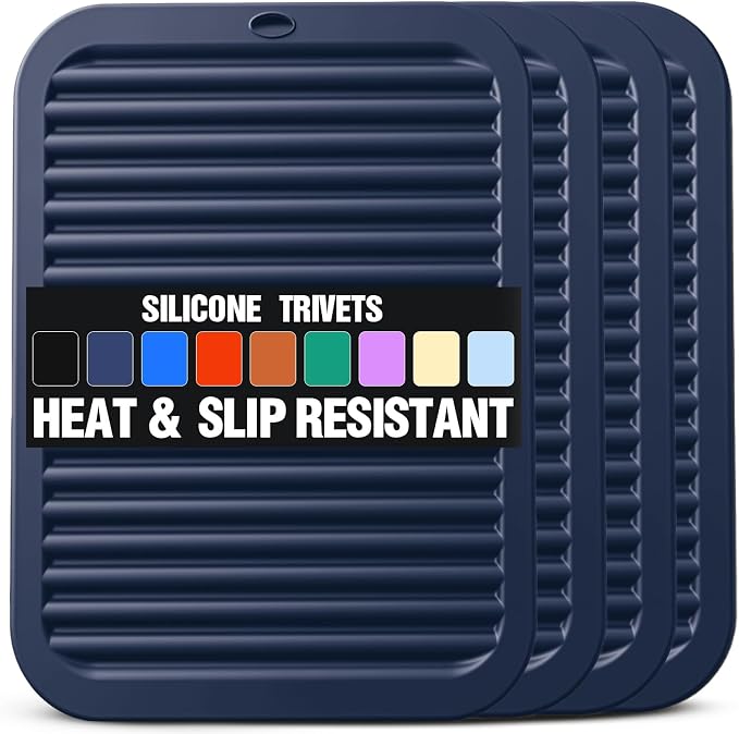 Silicone Trivets for Hot Pots and Pans - 4 Heat Resistant Pot Holders Silicone Trivet Mat Multipurpose Counter Pads (Dark Blue)