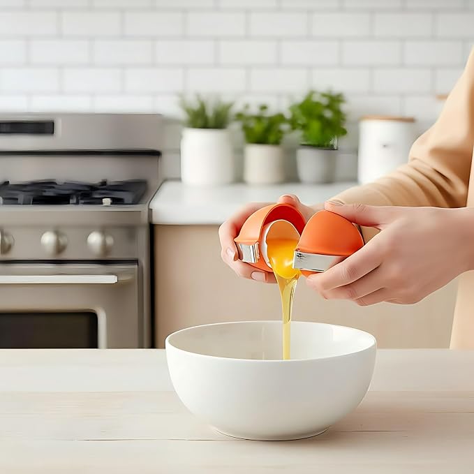 2026 Upgraded Stainless Steel Egg Cracker and Separator – 2 Pack Raw Egg Opener with Shell Cutter, Dishwasher Safe Egg Tool, Yolk & White Separator for Fresh Eggs, Not for Hard Boiled (Orange)