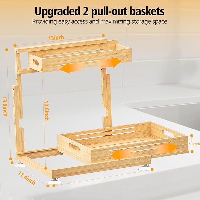 Banlilu Under Sink Organizer, Pull Out Cabinet Organizer, 2 Tier Slide Out Sink Shelf Cabinet Storage Shelves, Storage for Kitchen Bathroom, Natural Premium Bamboo Wood
