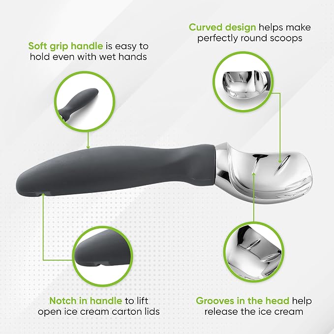 Spring Chef Gray Heavy Duty Ice Cream Scoop with Comfortable Soft Grip Handle, Dishwasher Safe Ice Cream Scooper, Professional Metal Kitchen Tool for Frozen Yogurt, Gelato, Sorbet, Sundae, Melon