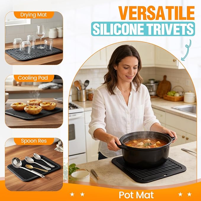 Silicone Trivets for Hot Pots and Pans - 4 Heat Resistant Pot Holders Silicone Trivet Mat Multipurpose Counter Pads (Dark Black)